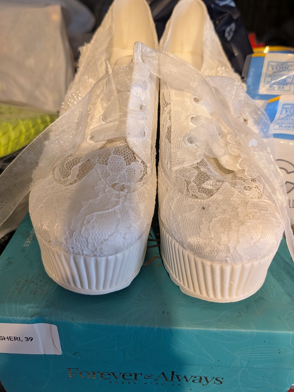 New In Box Forever And Always White Lace, Pearls, & Sequin Decoration Shoes